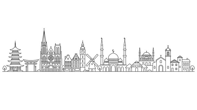 World landmarks skyline illustration with diverse architectural styles in line art.