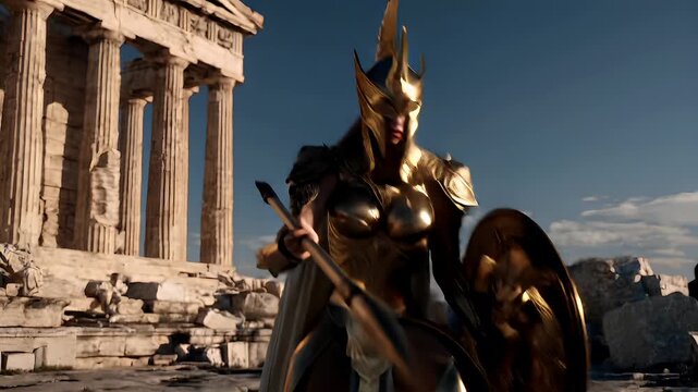 Greek mythology god Athena. Fantasy. A vivid portrayal of a warrior or goddess standing in front of the Parthenon temple in Athens, Greece.