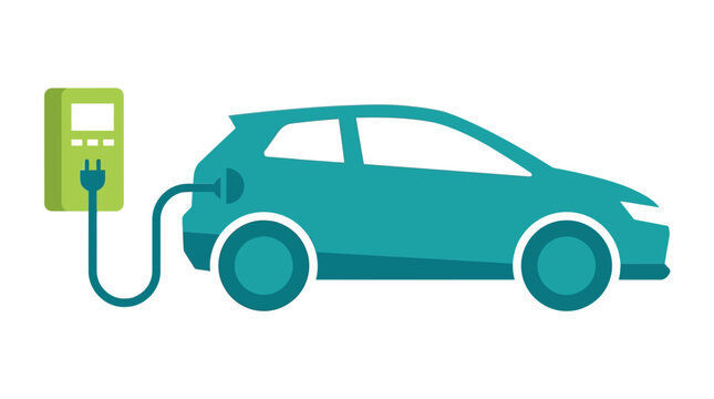 Modern electric hatchback car charging at a green charging station on a white background