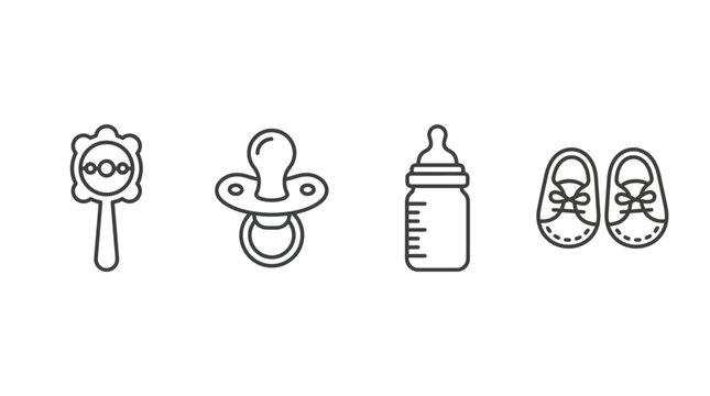 Set of simple linear icons for baby accessories including rattle pacifier bottle and shoes.