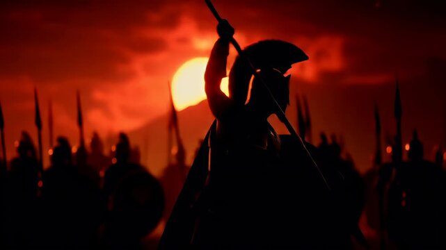Greek mythology god Athena. Fantasy. A dramatic silhouette of a warrior, likely from ancient Greek or Roman mythology, stands in the foreground. The warrior wears a helmet and holds a spear.