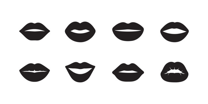 Set of black lips silhouettes isolated on white background depicting diverse mouth expressions and lip shapes vector.