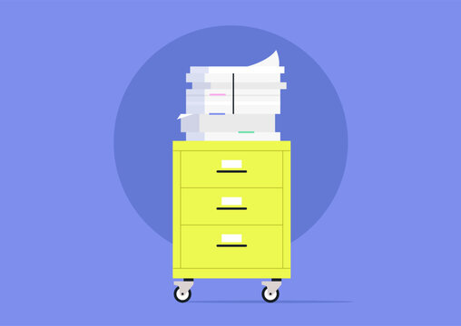 A vibrant yellow file cabinet stands proudly on wheels, supporting a disorganized stack of papers in a cheerful workspace environment, inviting efficiency and creativity.