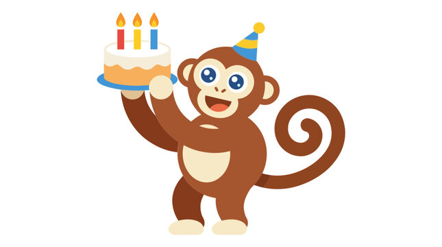A cheerful monkey wearing a party hat, holding a birthday cake with lit candles.