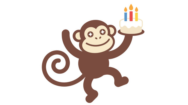 A joyful monkey holding a birthday cake with candles, celebrating a special occasion.