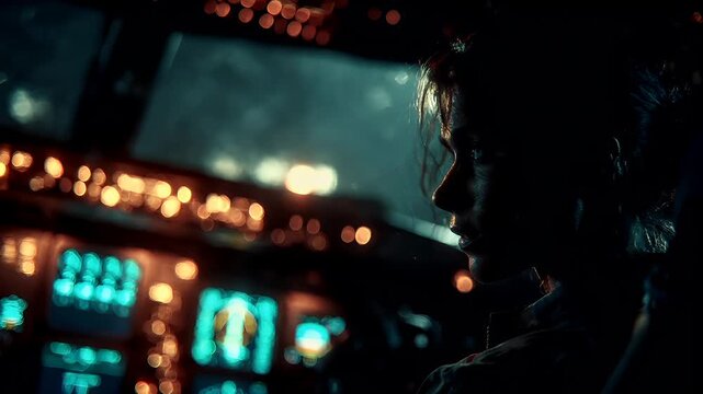 Travel trip journey. A moody, atmospheric portrayal of a woman in a dimly lit cityscape at night. She is silhouetted against a backdrop of illuminated city lights.
