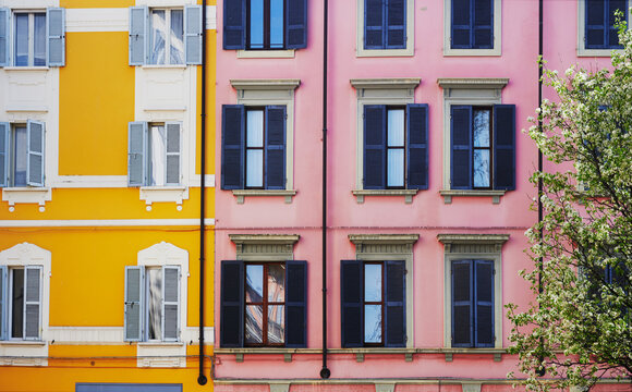 Colorful building facades in Parma, Italy, Europe 