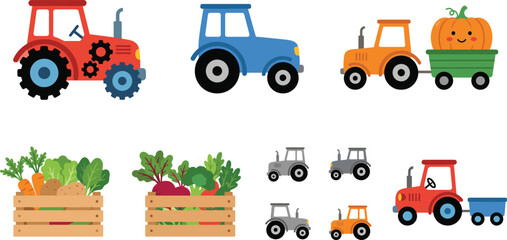 Cartoon tractors, farm trailers, and vegetable crates illustrating colorful agriculture machinery, crop harvest, and countryside farming © MstMahurun