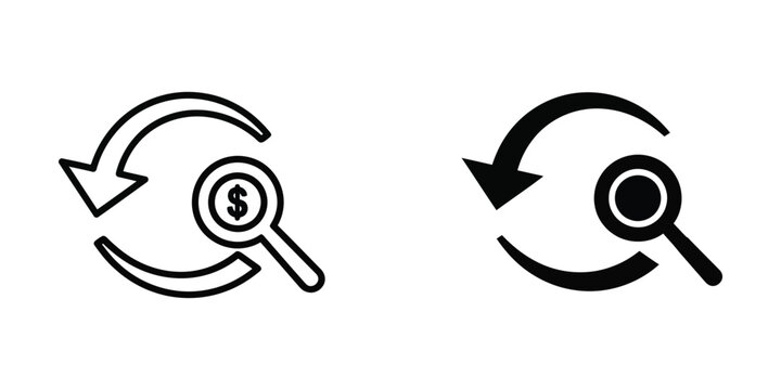 Magnifying glass icons with circular arrows showing search and money focus