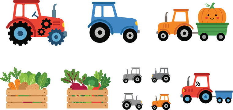 Cartoon tractors, farm trailers, and vegetable crates illustrating colorful agriculture machinery, crop harvest, and countryside farming