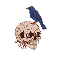 Obraz premium Blue bird perched on a whimsical skull illustration t-shirt design