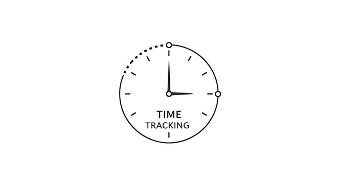 Minimalist time tracking icon, black line art clock face with text, productivity and project management symbol on white background
