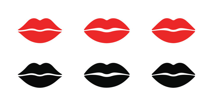 Set of six lip kiss icons with three red and three black lips vector illustration.
