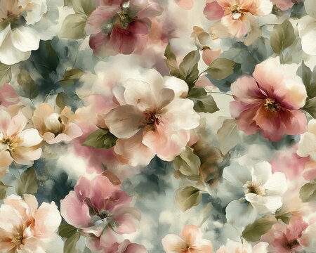 Elegant, luxury, vintage seamless repeatable pattern featuring blooming flowers in muted Morandi palette