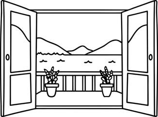 Obraz premium Open window overlooking peaceful lake with mountains and flower pots on balcony