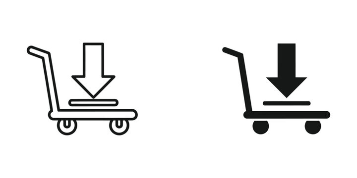Black and white shopping cart icon with downward arrow
