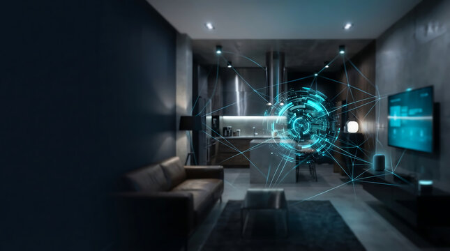 Glowing Blue Mesh Network Lines Connecting Smart Home Appliances in Living Room