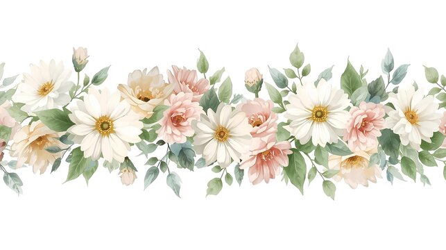 Watercolor seamless floral border with delicate daisies, pink roses, and green leaves