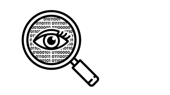 Magnifying glass icon with an eye symbol and binary code background.