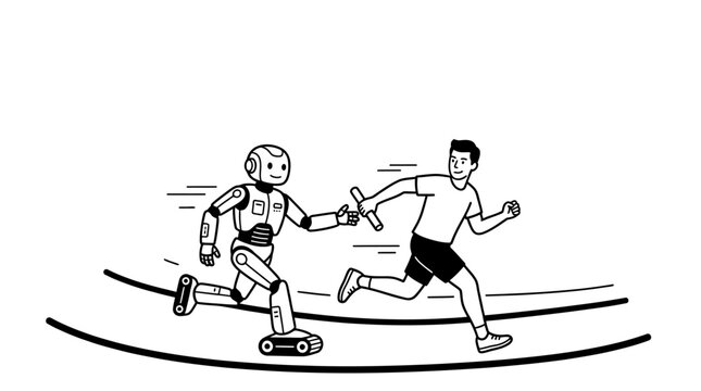 A robot and a human runner performing a relay race handover.