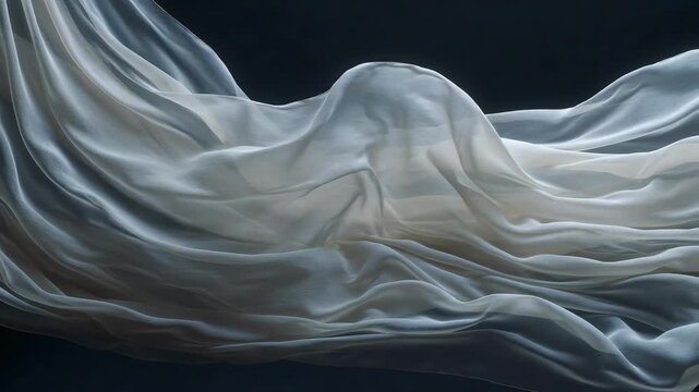 Soft flowing sheer fabric forming elegant shapes in artistic style over dark background, conveying motion and serenity