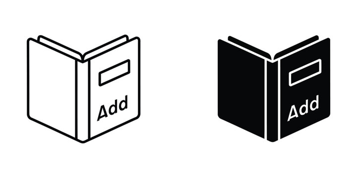 Isometric add button icon with open book design in white and black versions