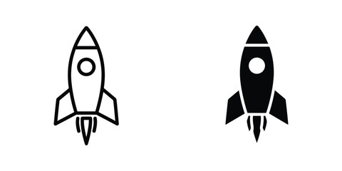 Black and white rocket ship icons set with transparent background © Kalam