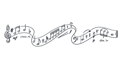 Decorative hand drawn music notes flowing on a ribbon illustration. © Khalil_Ozanich