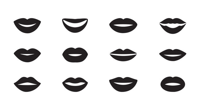 Set of black silhouette mouth and lip icons female mouth shapes with various expressions on white background.