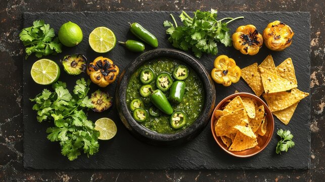 Authentic molcajete salsa verde with fresh jalape&ntilde;o slices and charred tomatillos on dark slate with cilantro garnish and tortilla chips