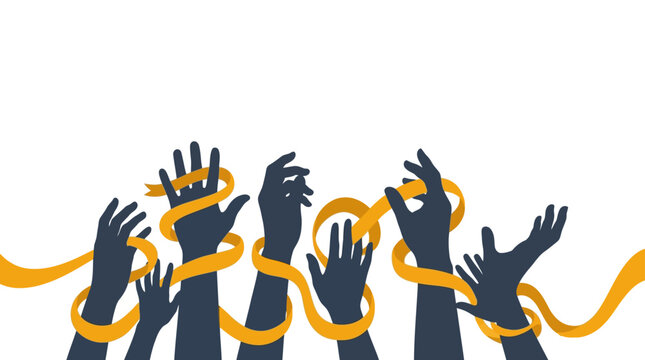 Abstract illustration of human hands entangled in yellow ribbon.