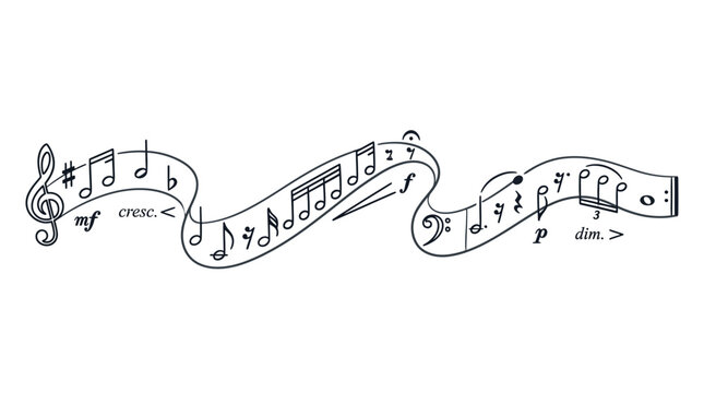 Decorative hand drawn music notes flowing on a ribbon illustration.