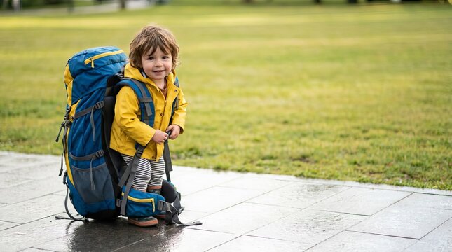 Little boy wearing large hiking backpack standing in the park ready for an outdoor adventure.