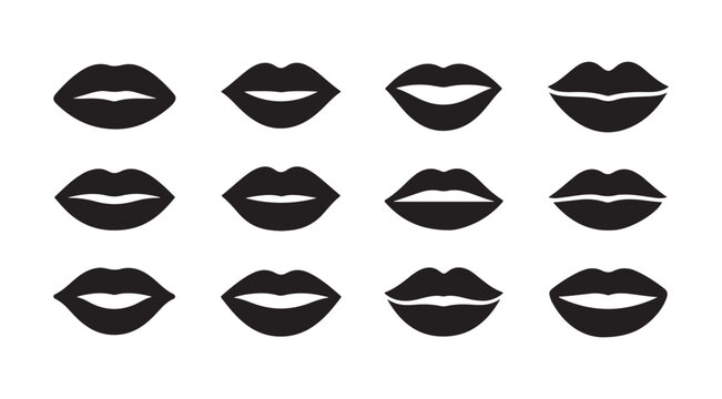 Black silhouette female mouth and lip icons set diverse expressions and shapes isolated on white background.