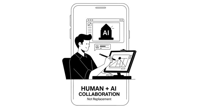Graphic Designer Collaborating With Artificial Intelligence Technology.