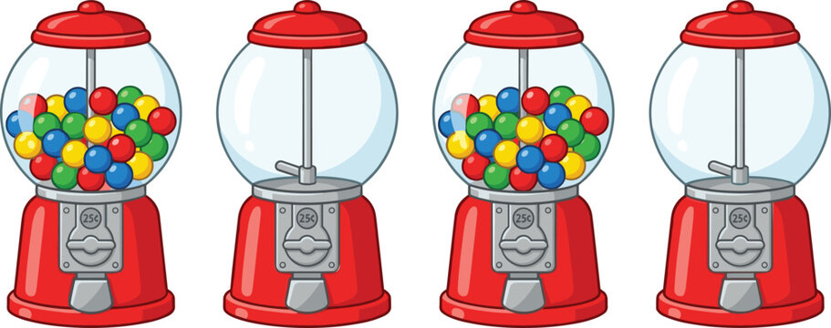 Vintage Red Gumball Machine Vector Illustration Set with Full and Empty Glass Globes for Candy Vending and Retro Sweet Shop Designs