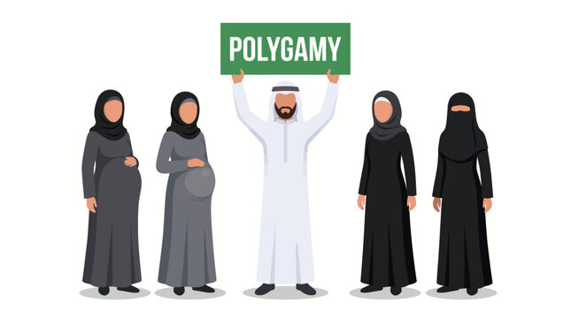 Middle Eastern man holding a sign with four women in traditional clothing.