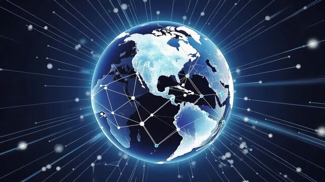 Glowing Earth with Digital Network Connections and Light Streaks on Dark Blue Background globe world