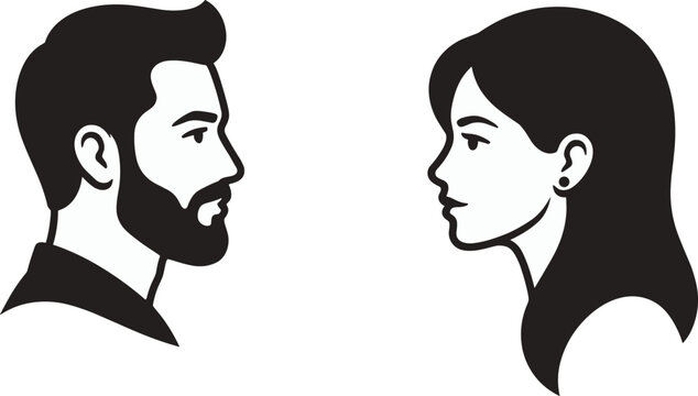 Black and white of a man and woman facing each other profile faces