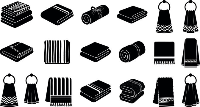 Bathroom towel vector icon set featuring folded, rolled, and hanging towels with various patterns for spa, hotel, and home textile graphic designs.