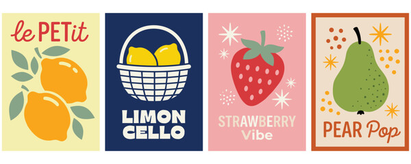 Retro fruit themed vintage poster collection with abstract shapes. © abedin