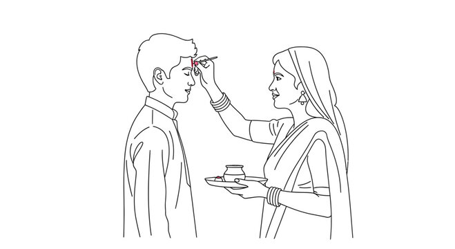 Indian woman applying tilak to man forehead line art.