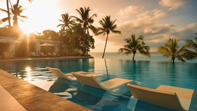Luxury infinity pool with submerged lounge chairs at a tropical resort during golden hour with palm trees