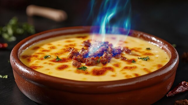 Premium queso flameado with dramatic blue flames in authentic Mexican clay cazuela featuring golden melted cheese and chorizo garnish served at upscale restaurant