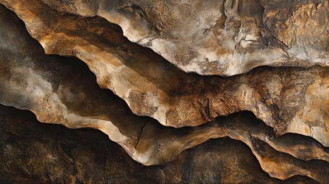 Abstract layered rock texture with brown, beige, and dark hues, showing natural patterns and shadows.