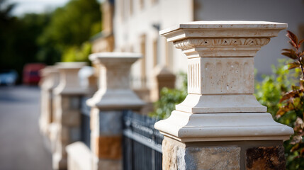 Fototapeta premium Professional architectural photography of elegant limestone and granite pier caps installed on stone pillars at entrance gates, Irish countryside estate setting, natural lighting,
