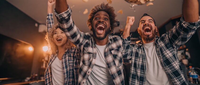 Diverse Friends Celebrate Victory Throwing Chips in Air