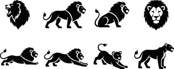 Obraz premium Black lion silhouette icon set showing roaring, walking, sitting, wildlife animal, jungle predator, strength symbol, isolated vector design illustration.
