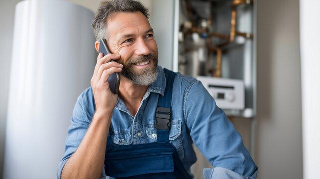 a pro plumber working on a customers boiler system, his phone sitting on top of his toolbox, it is ringing but he cant get to it because he is too busy
