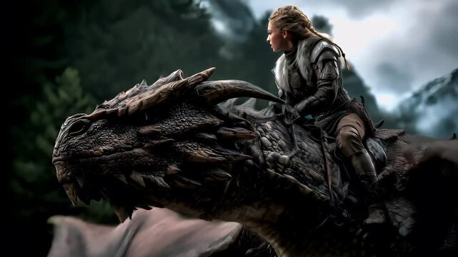 Fantasy wallpaper. A fantasythemed digital artwork depicts a female warrior riding a formidable dragon. The warrior, with braided hair, wears dark armor with intricate designs and a white shirt.